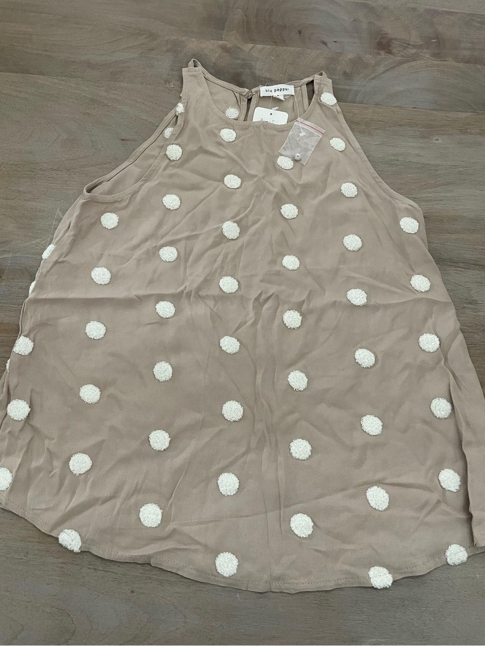Blu Pepper Taupe Blouse with White Pom-Pom Dots